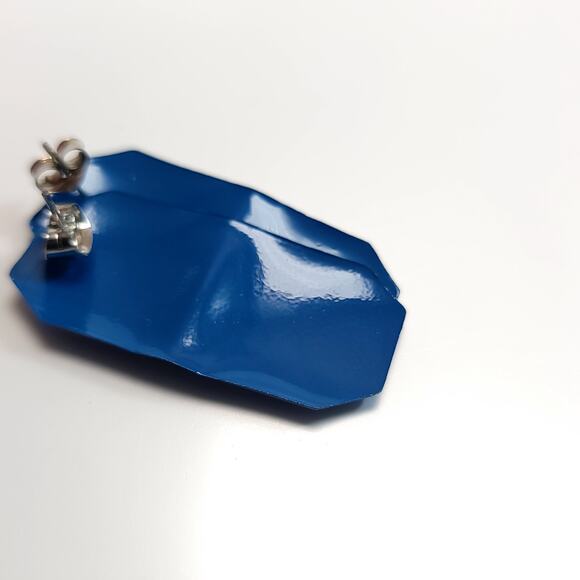 Vintage Blue Metal Octagonal Shaped Earrings, Glossy Finish, Bold Statement - Picture 6 of 10